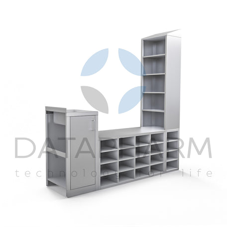 Sanitary Airlock with Bench with Compartments, Sink, and Rack