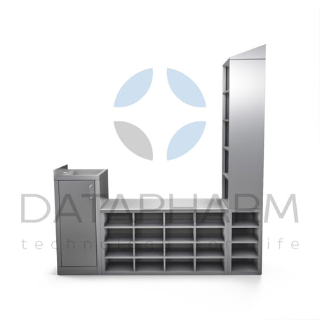 Sanitary Airlock with Bench with Compartments, Sink, and Rack